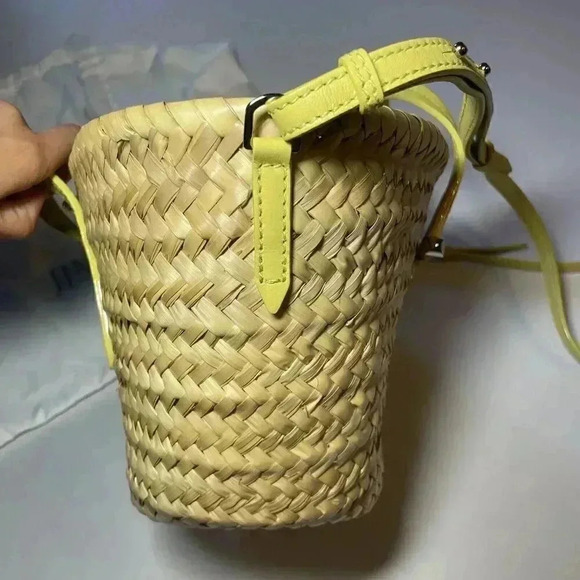 Jimmy Choo Macy Basketweave Tote Raffia Bag Natural Beige Yellow Crossbody Purse - Picture 10 of 16